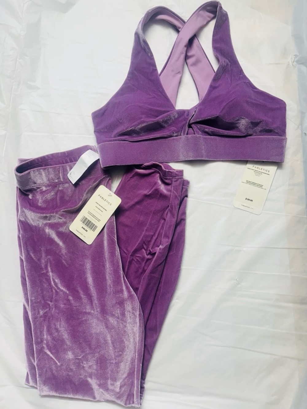 Fabletics Purple Velvet Crisscross Sports Bra and Leggings Set